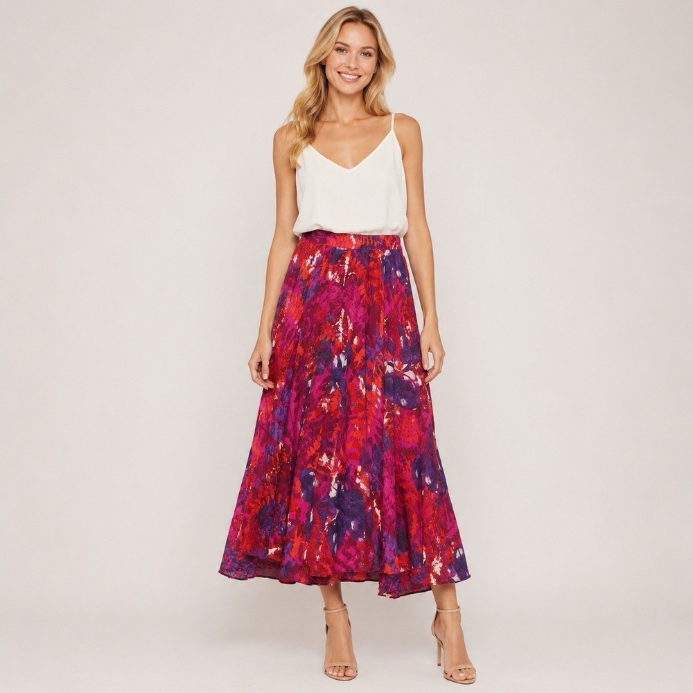 WinterSilks 100% Silk‎ Abstract Floral Midi Skirt Whimsy Fairy Chic SZ Medium